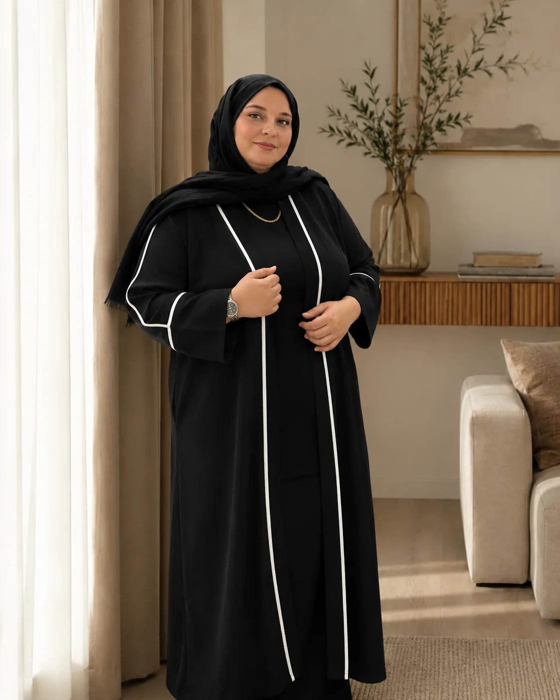 Beyaz Bordürlü Keten Kimono Pantolon Takımı