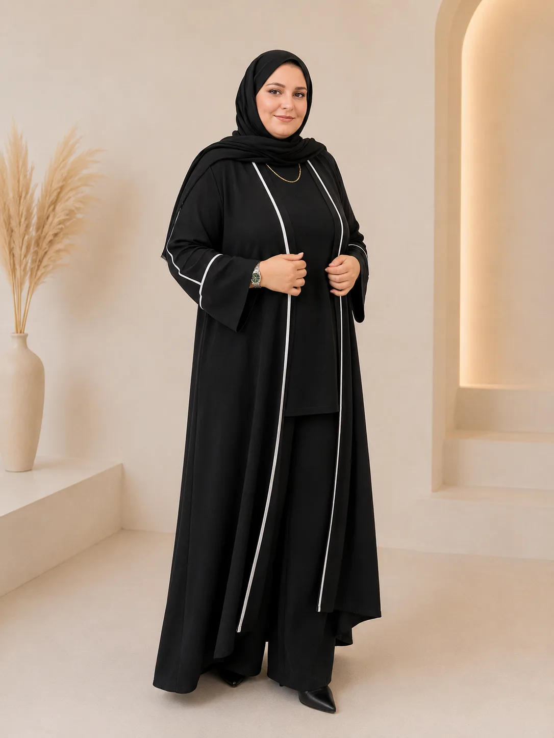 Beyaz Bordürlü Keten Kimono Pantolon Takımı