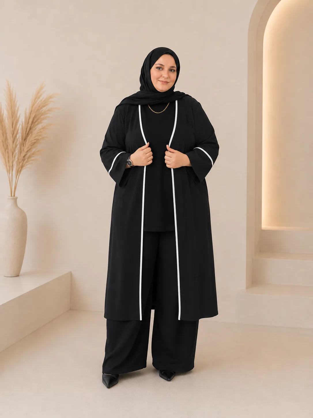 Beyaz Bordürlü Keten Kimono Pantolon Takımı