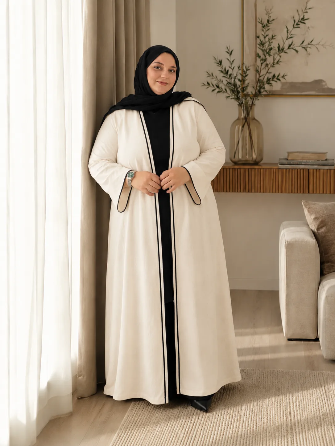 Krem Bordürlü Keten Kimono Pantolon Takımı