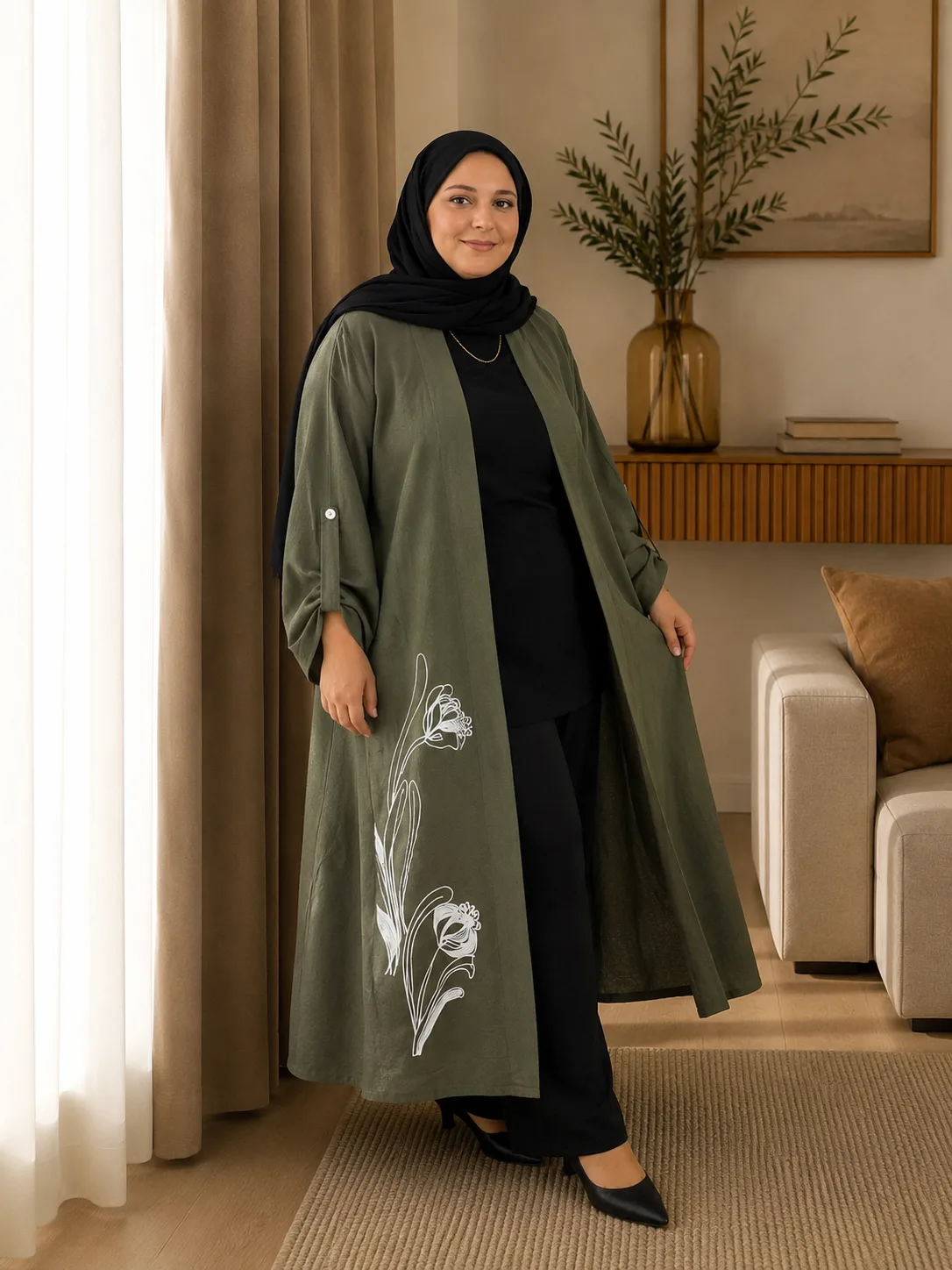 Çiçek Nakışlı Tesettür Kimono Pantolon Takım