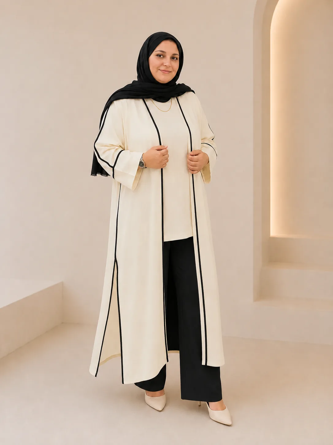 Krem Bordürlü Keten Kimono Pantolon Takımı