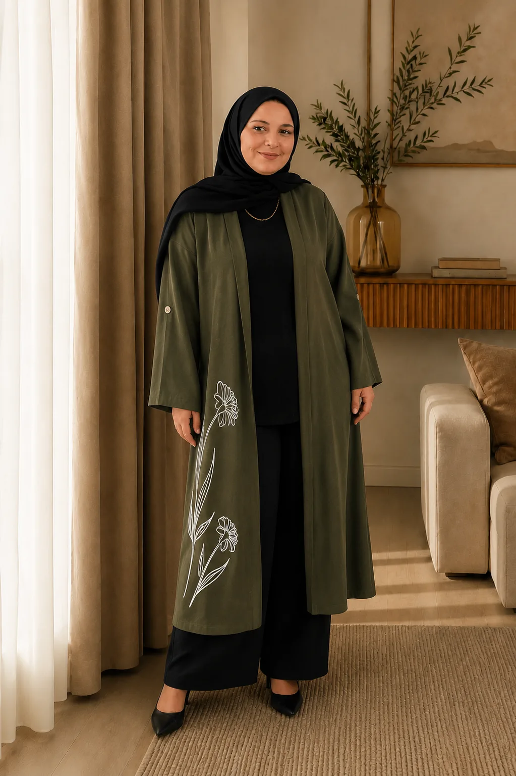 Çiçek Nakışlı Tesettür Kimono Pantolon Takım