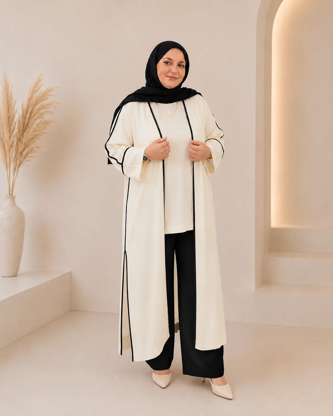 Krem Bordürlü Keten Kimono Pantolon Takımı